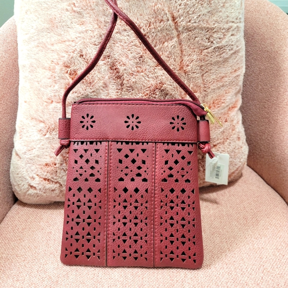 Valentines SALE Super Cute Flora Accent Cross Body Bag Wine colored